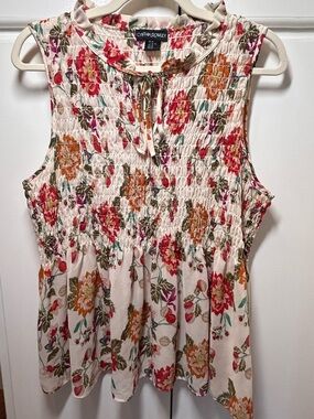 Cynthia Rowley Cream Floral Smocked Sleeveless Top